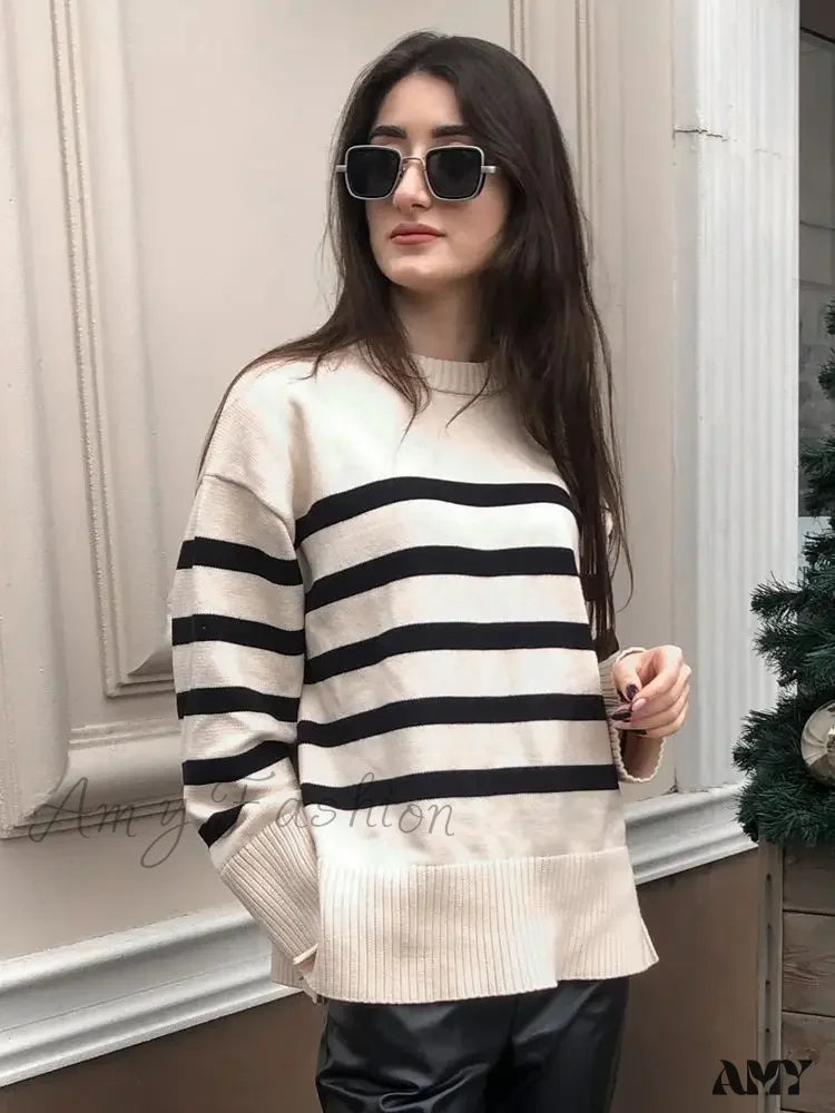 Striped Knitted Basic Thick Loose Warm Casual Streetwear Sweater