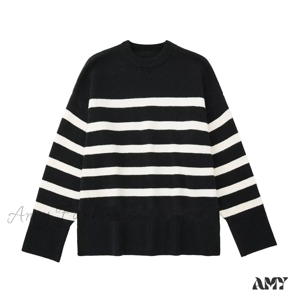 Striped Knitted Basic Thick Loose Warm Casual Streetwear Sweater Black / S