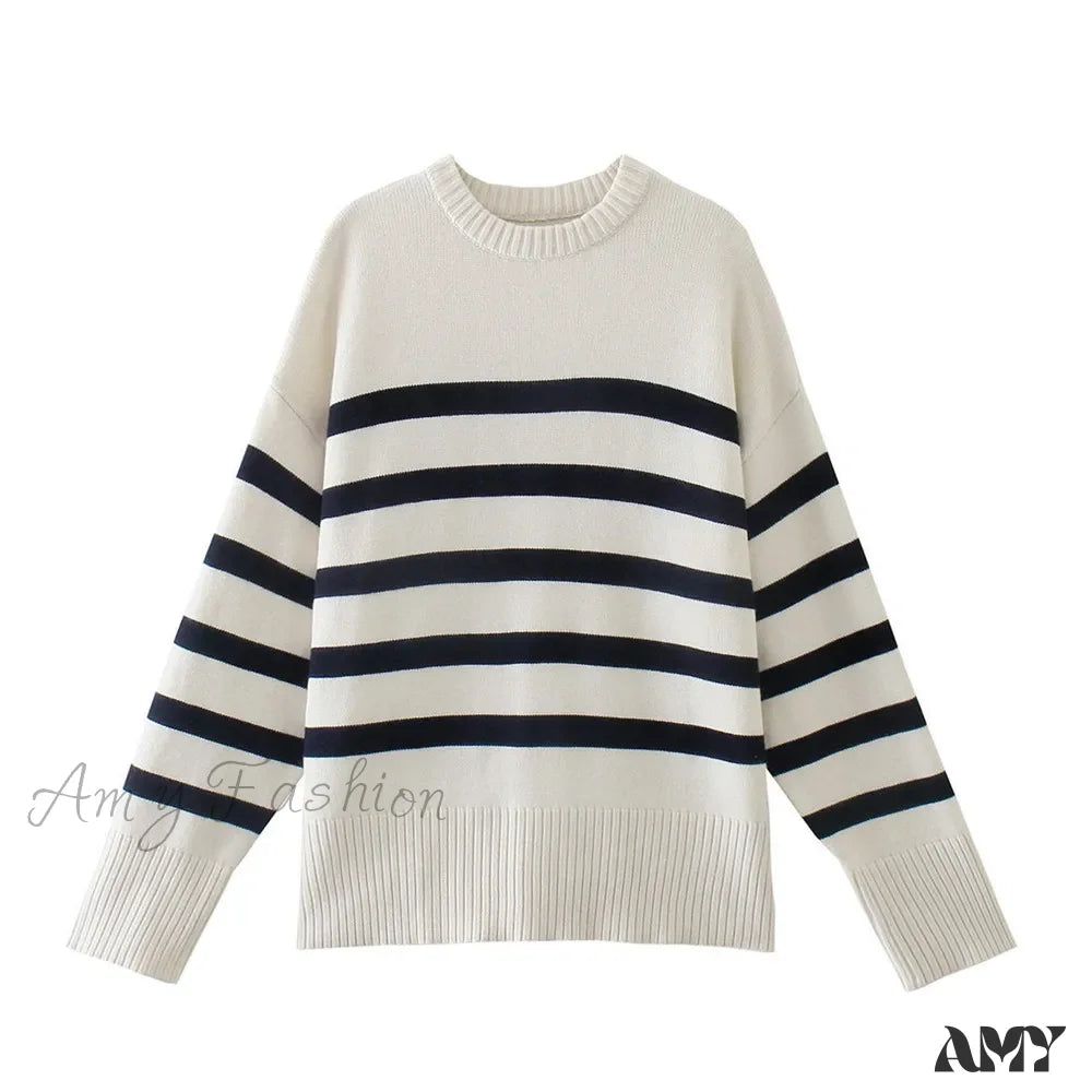 Striped Knitted Basic Thick Loose Warm Casual Streetwear Sweater White / S