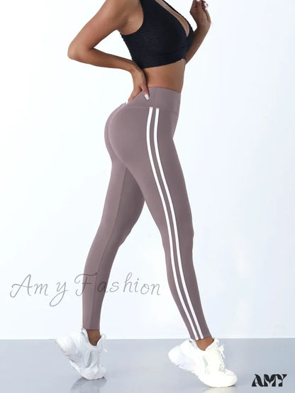 Striped Slim Sports Pants High Waist Hip Lifting Casual Tights Workout Running Stretchy Leggings