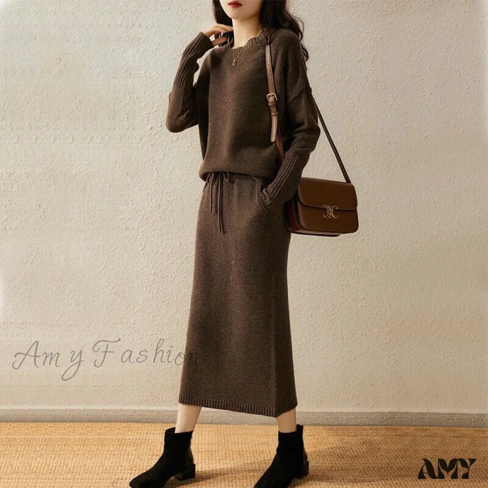 Stylish Knit Two-Piece Early Fall Skirt Suit