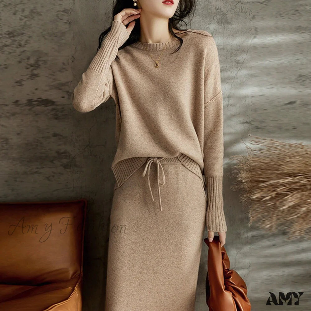 Stylish Knit Two-Piece Early Fall Skirt Suit