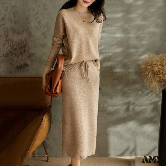 Stylish Knit Two-Piece Early Fall Skirt Suit Khaki / S