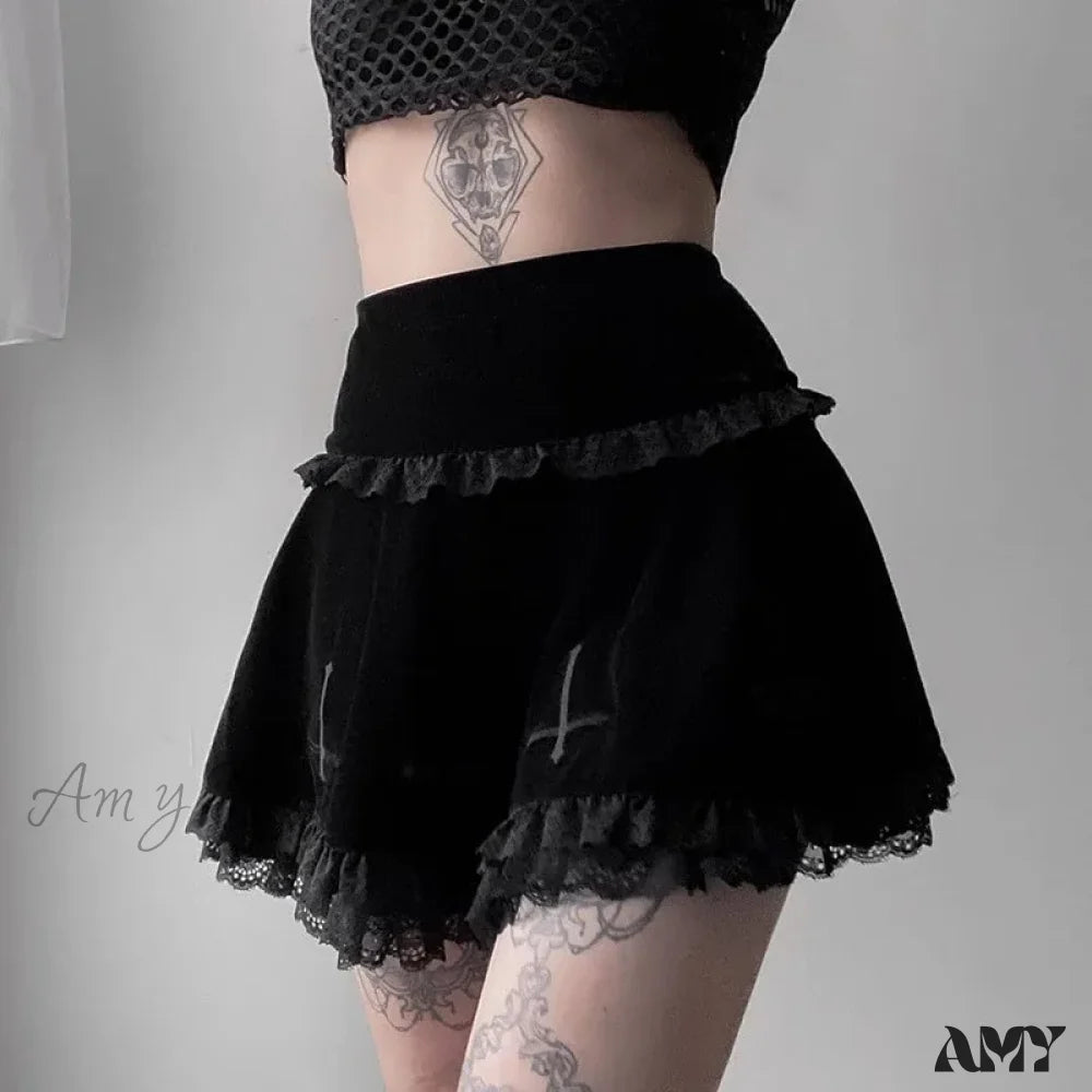 Stylish Skirt Casual Fashion Trim Summer Black Lace Gothic Embroidery Sexy Black / S