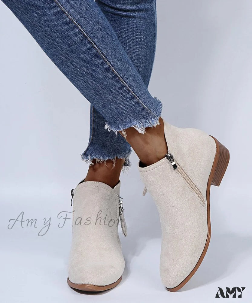 Suede Chunky Zipper Plus Size Thick Women’s Autumn Winter New Short Martin Boots Shoes White / 36