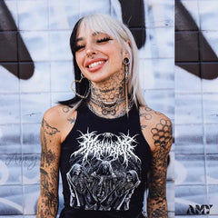 Summer Black Bodycon Sexy Punk Harajuku Print Sleeveless O-Neck Crop Top / S