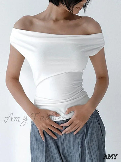 Summer Casual Short Sleeve Solid Color Off Shoulder Boat Neck Backless Slim Fit Crop Top White / S