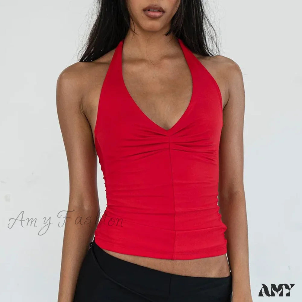 Summer Halter Sexy Backless Sleeveless Ribbed Knit Crop Top Red / S