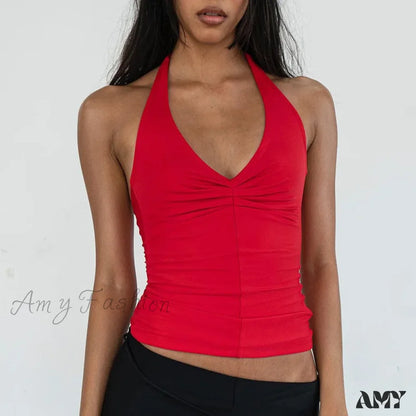 Summer Halter Sexy Backless Sleeveless Ribbed Knit Crop Top Red / S