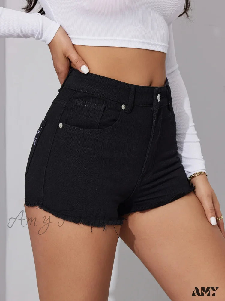 Summer New Black Mid-Waist Embroidered Fashion Sexy Skinny Short