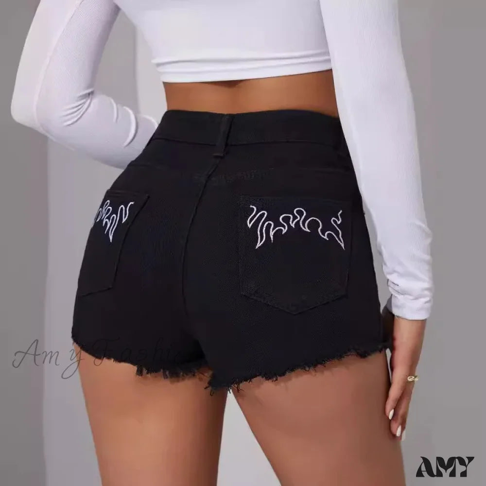 Summer New Black Mid-Waist Embroidered Fashion Sexy Skinny Short