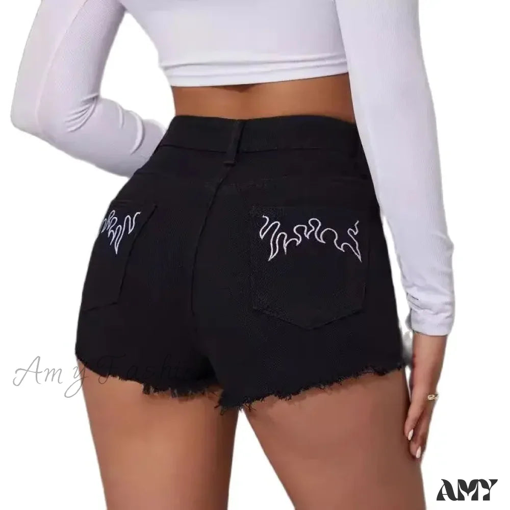 Summer New Black Mid-Waist Embroidered Fashion Sexy Skinny Short / S