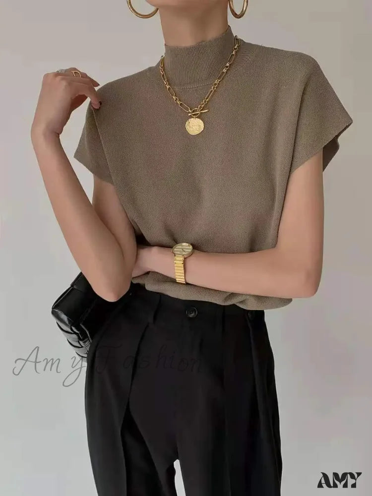 Summer Sexy Fashion Short Sleeve Round Neck Elegant Casual Sweater Camel / One Size