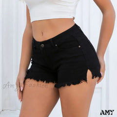 Summer Solid Ripped Multi Pockets Slim High Breathable Party Short Black / S
