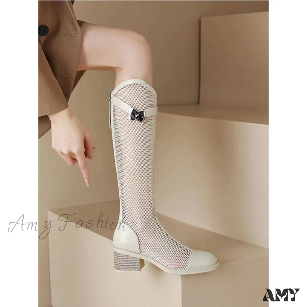 Summer Thin High Heel Hollow Long Boots Genuine Leather Mesh Chunky Tube Cool Women’s Shoes