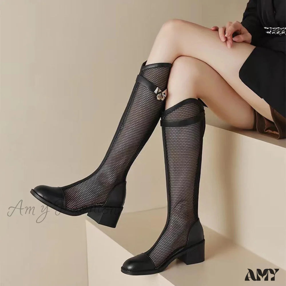 Summer Thin High Heel Hollow Long Boots Genuine Leather Mesh Chunky Tube Cool Women’s Shoes