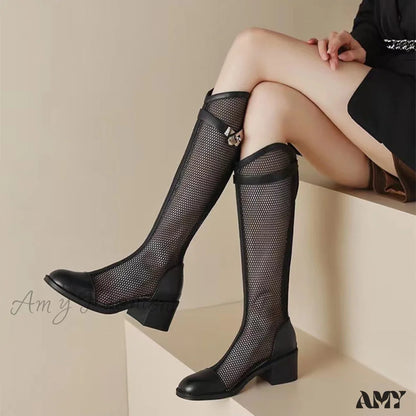 Summer Thin High Heel Hollow Long Boots Genuine Leather Mesh Chunky Tube Cool Women’s Shoes