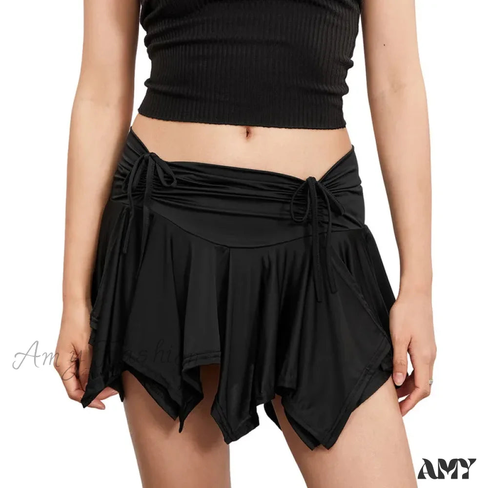 Summer Tie-Up Mini Ruched Solid Ruffles Irregular Women Gothic Skirt Drawstring Color Black / S