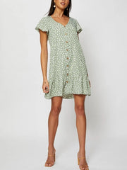 V-neck Single Breasted  Printed Dress