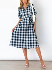 Lapel Button Plaid Dress