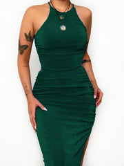 Solid Halter BacklessPleated Split Dress
