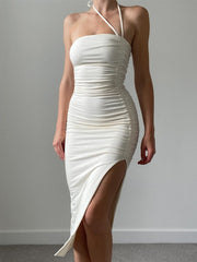 Slim Fit Backless Split Pleated Strapless Dress
