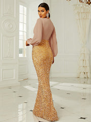 Temperament Wedding V-neck Long-sleeved Sequined Party Bag Hip Fishtail Evening Dress