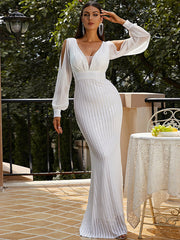 V-neck Hepburn Long-sleeved Noble Fishtail Sequined Evening Dress
