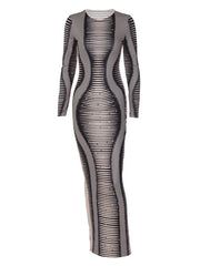 Printed Long Sleeve Slim Fit Slit Dress