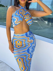 Printed Halter Halter Lace Up Bra Skirt Set