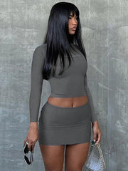 Letter Print Long Sleeve Slim Short Skirt Two Piece Set