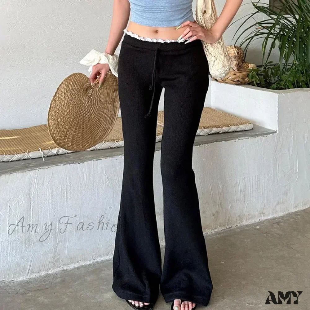 Sweet Contrast High Waist Flared Casual Basic Slim-Fitting Trouser Black / S