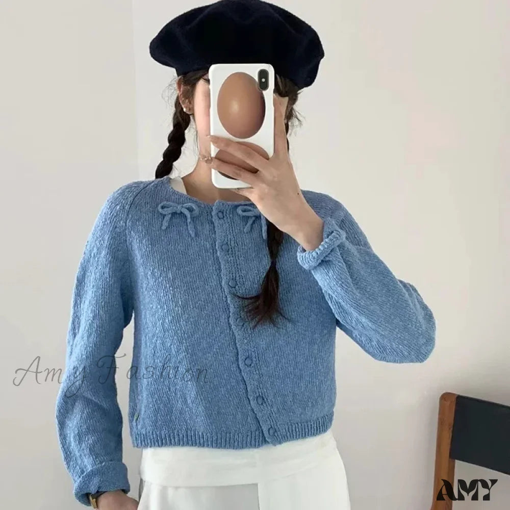 Sweet Korean Bow Kawaii Casual Autumn Preppy Skew Button O Neck Sweater