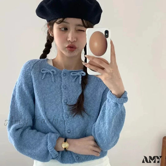 Sweet Korean Bow Kawaii Casual Autumn Preppy Skew Button O Neck Sweater Blue / S