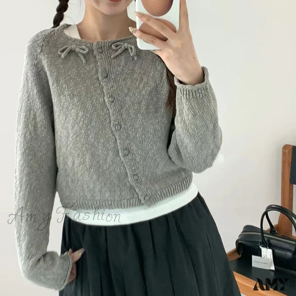 Sweet Korean Bow Kawaii Casual Autumn Preppy Skew Button O Neck Sweater Gray / S