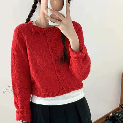 Sweet Korean Bow Kawaii Casual Autumn Preppy Skew Button O Neck Sweater Red / S