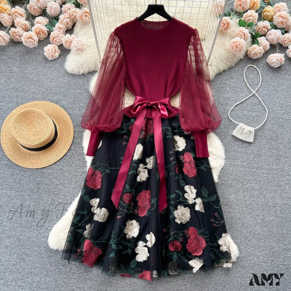 Sweet Patchwork Long Lantern Sleeves Bow Mesh Embroidery Floral High Waist A-Line Elegant Party
