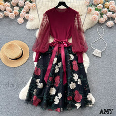 Sweet Patchwork Long Lantern Sleeves Bow Mesh Embroidery Floral High Waist A-Line Elegant Party