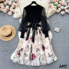 Sweet Patchwork Long Lantern Sleeves Bow Mesh Embroidery Floral High Waist A-Line Elegant Party
