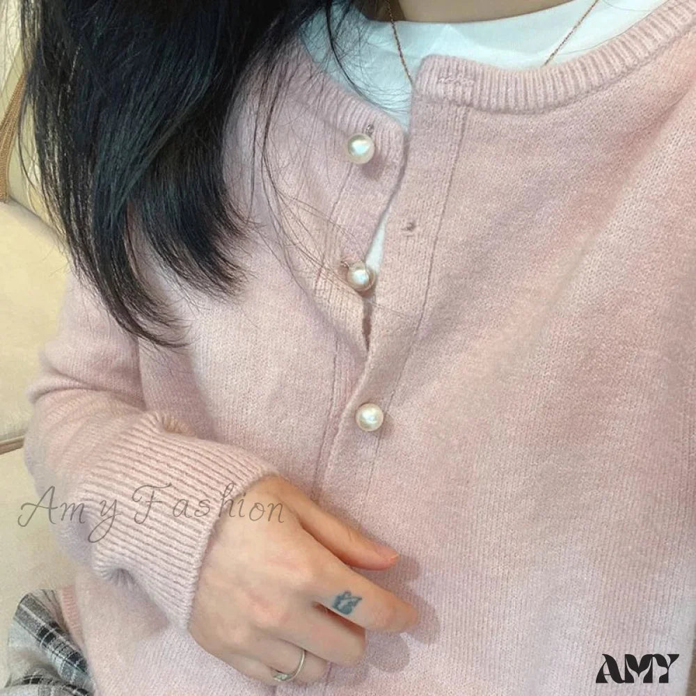 Sweet Pink Knitted O-Neck Long Sleeve Button Up Solid Color Cozy Chic Stylish Cardigan