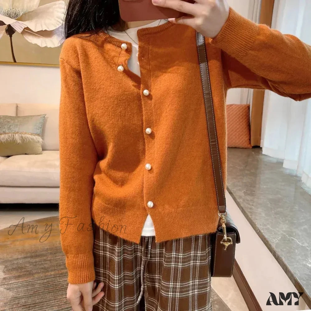 Sweet Pink Knitted O-Neck Long Sleeve Button Up Solid Color Cozy Chic Stylish Cardigan Orange / S