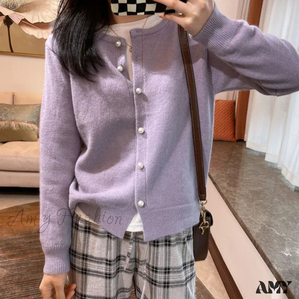 Sweet Pink Knitted O-Neck Long Sleeve Button Up Solid Color Cozy Chic Stylish Cardigan Purple / S