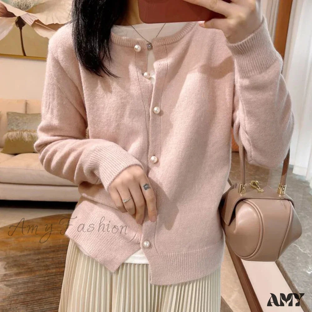 Sweet Pink Knitted O-Neck Long Sleeve Button Up Solid Color Cozy Chic Stylish Cardigan / S