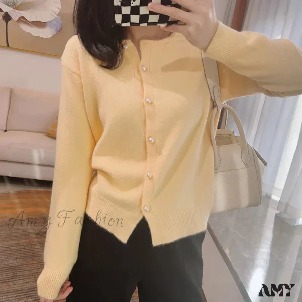 Sweet Pink Knitted O-Neck Long Sleeve Button Up Solid Color Cozy Chic Stylish Cardigan Yellow / S