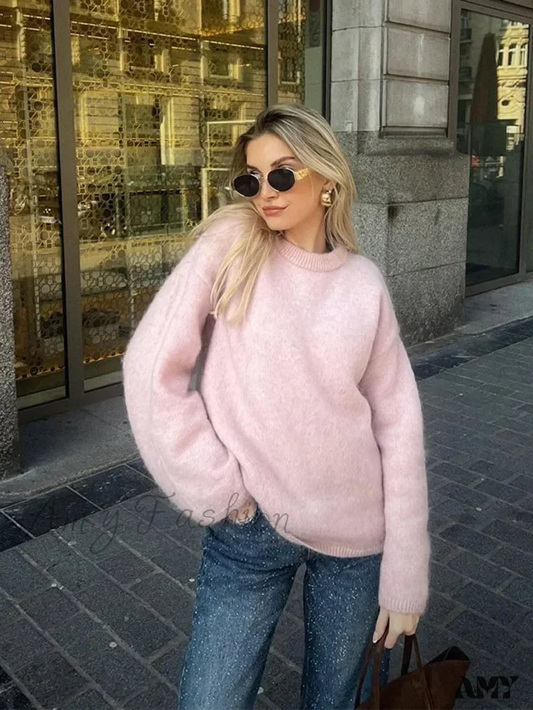 Sweet Pink Women Mohair Casual Loose O-Neck Long Sleeve Knitted Pullover 2024 Autumn Stylish Sweater