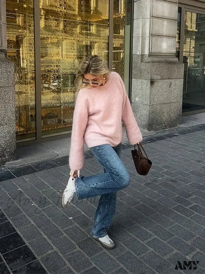 Sweet Pink Women Mohair Casual Loose O-Neck Long Sleeve Knitted Pullover 2024 Autumn Stylish Sweater