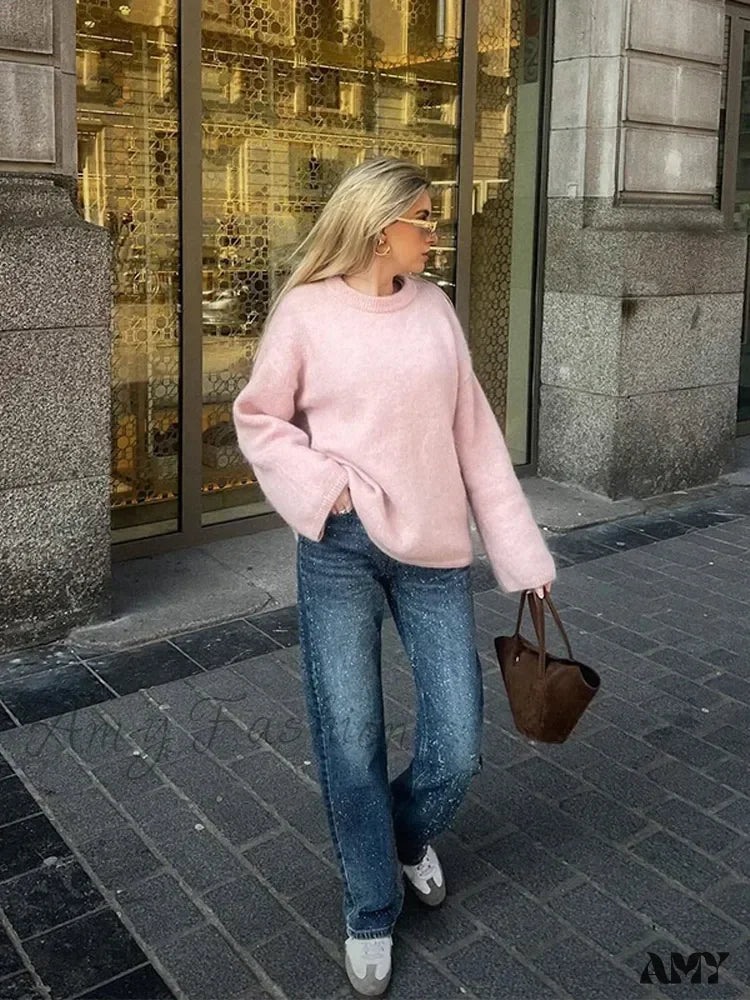 Sweet Pink Women Mohair Casual Loose O-Neck Long Sleeve Knitted Pullover 2024 Autumn Stylish Sweater