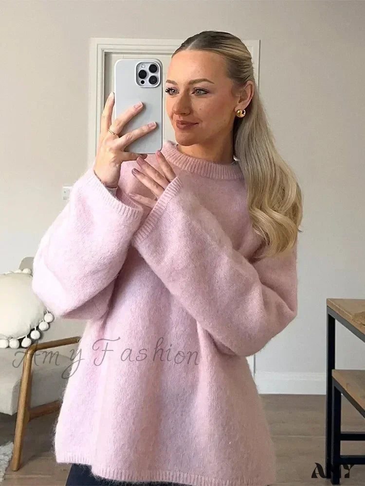 Sweet Pink Women Mohair Casual Loose O-Neck Long Sleeve Knitted Pullover 2024 Autumn Stylish