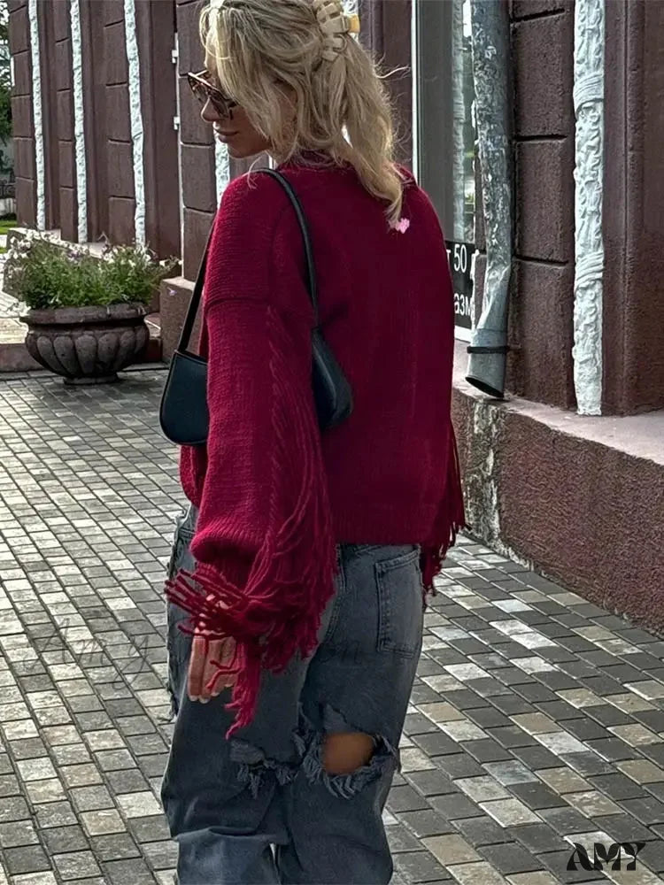 Tassels Patchwork Wine Red Knitted Cardigan Christmas Sweater