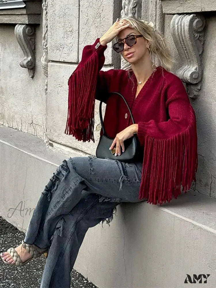 Tassels Patchwork Wine Red Knitted Cardigan Christmas Sweater